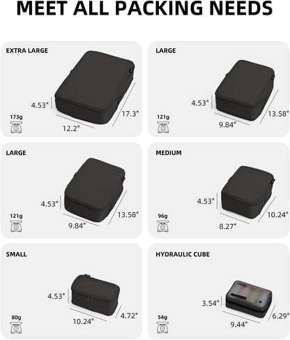 6 Set Compression Packing Cubes for Travel, Large Medium Small Luggage Organizers, Storage Bags for Clothes (6 Pack, Jet Black)