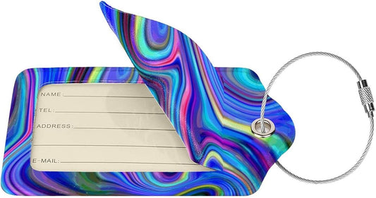 2-Packs Blue Purple Abstract Art Luggage Tags for Suitcases, Colorful Travel Label Tag with Privacy Cover Address Name ID & Stainless Steel Loop for for Adults Teens