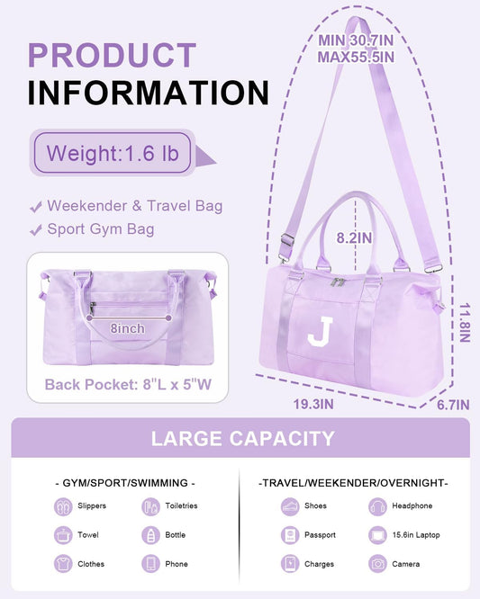 Daughter Niece Gifts for Teen Girl Kids, Initial Travel Duffel Bag Sports Gym Bag Personalized Gifts Weekender Bag，Monogram Overnight Bag Cute Dance Bag Birthday Bridesmaid Gifts for Women(Purple, J)