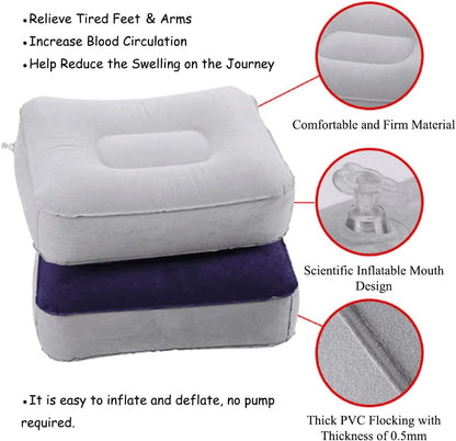 Inflatable Travel Foot Rest Pillow, Head Pad, Soft Flocking Pillow, Flights Relax Cushion Ottomans Leg Up with Air Pump for Office, Home Relax, Camping and Travel Use (Gray) 1PCS