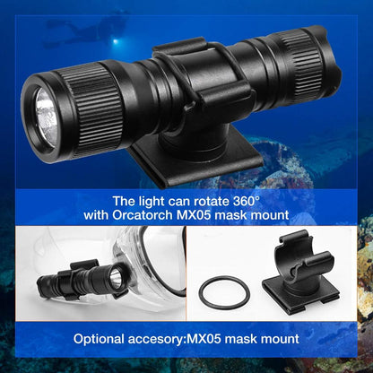 ORCATORCH D560 Mini Scuba Dive Light Headlamp 650 Lumen Mask Diving Flashlight with 360° Rotatable Mask Clip, Underwater 150m Backup Headlight with Rotary Switch (Not Included Snorkel Mask) (Black)