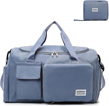 Multipurpose 20L Foldable Duffel Bag Gym Yoga Bag Carry-On Shopping Sack Travel Organizer Cabin Bag Sundry Package Wet&Dry Compartment (Blue)