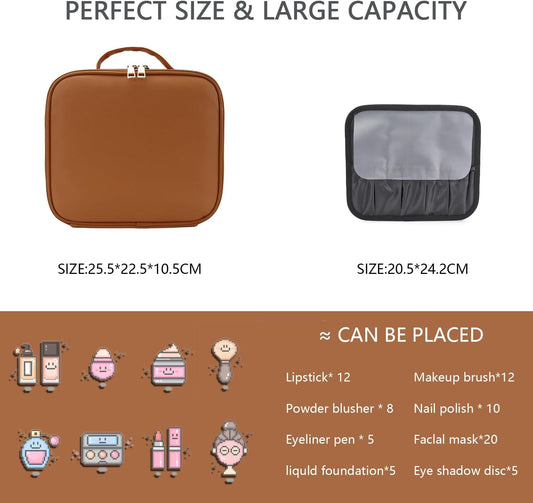 Makeup Bag with Led Mirror,Travel Makeup Organizer with 3 Color Setting, Portable Storage and Adjustable Dividers Travel Makeup Bag(CARAMEL COLOR)