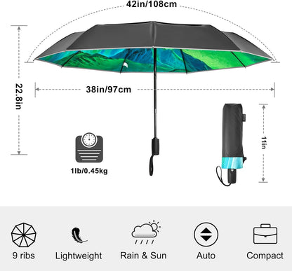 G4Free 42 Inch Eco Windproof Folding Umbrella for Rain & Sun 9 Ribs Wind Resistant Strong Fiberglass Double Canopy with Reflective Strip for Women Men Auto Open Close For Car & Backpack