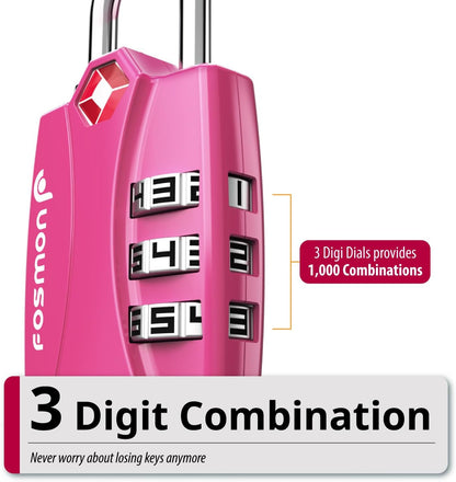 Fosmon TSA Approved Pink Locks for Luggage. Cute Locker Suitcase Lock with Open Alert Indicator, 3 Digit Combination Padlock with Alloy Body for Travel, Backpack Zipper Anti Theft, Gym, Women- 2 Pack