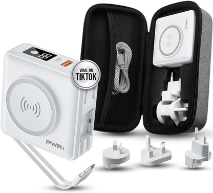 PWR Travel PRO 5-in-1 Power Bank with Case Included – 10,000mAh with Built-in Cables – 20W USB-C + 15W Wireless Charging – Compact Portable Charger for iPhone & Android - White