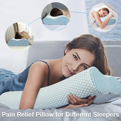 Anvo Memory Foam Pillow, Neck Contour Cervical Orthopedic Bed Pillow for Sleeping Side Back Stomach Sleeper, Ergonomic Design for Neck and Shoulder Pain Relief, Blue White, Soft