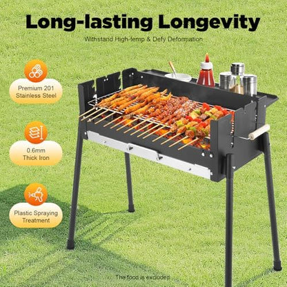 Portable Charcoal Grill, Folding BBQ Grill with 3 Adjustable Height Levels & Side Table, Stainless Steel & Iron Outdoor Grill for Camping, Tailgating, Backyard, Picnic, Fits 3-8 People 25.79" x 11.42"