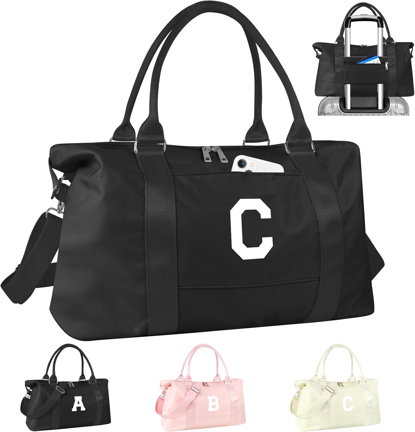 Initial Travel Duffel Bag Sports Gym Bag for Boys Teen Birthday Gifts,Black Personalized Weekender Bag Carry On Tote Bags for Men,Waterproof Overnight Luggage Bag Airplane Travel Essentials(Letter C)