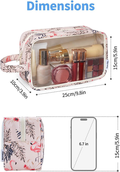 Narwey Clear Toiletry Bags for Traveling Women Men, Clear Travel Bags for Toiletries Makeup Bag Cosmetic Bag with Zipper, Make Up Organizer, Skincare Bag (Beige Flamingo)