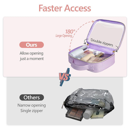 PACKISM TSA Approved Toiletry Bag - Glitter Textured Clear Travel Bag, Personalized and Fashion, with 180° Large Opening and Supporting Frame, Perfect for Travel Essentials, Thick No Smell, Purple