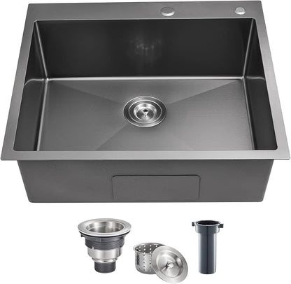POPFLY 25 Inch Drop In Kitchen Sink, 25x18 Black Stainless Steel Top mount by POPFLY