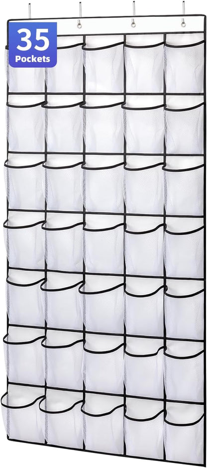 35 Pockets Over the Door Shoe Organizer, Hanging Shoe Organizer for Door with 35 Mesh Pockets Large Capacity Shoe Hanging Storage Bag with 4 Metal Hooks (White-1Pack)
