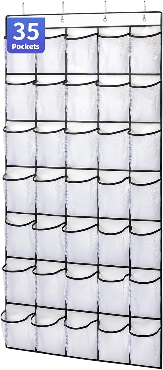 35 Pockets Over the Door Shoe Organizer, Hanging Shoe Organizer for Door with 35 Mesh Pockets Large Capacity Shoe Hanging Storage Bag with 4 Metal Hooks (White-1Pack)