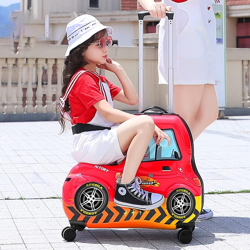 Kids Checked Ride on Luggage, 24 Inch Large Suitcase for Teens, Hardside Spinner Trunk with 360 Wheels, International Travel, Red car