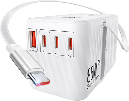 LENCENT 85W Universal Travel Adapter with Retractable USB C Cable, GaN International Plug Adapter with 3 Type C &1 USB A Ports Fast Charging, Worldwide Outlet Converter for US to European EU UK AUS