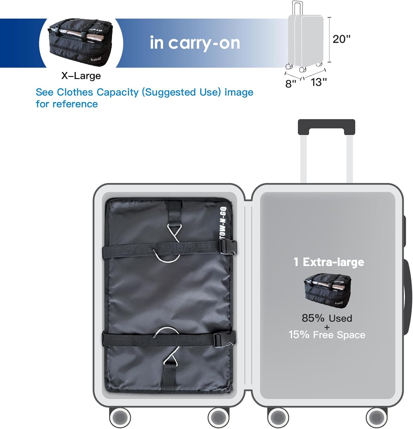 Grand Fusion Stow-N-Go Travel Luggage Organizer – Portable Hanging Travel Shelves, Carry-On Closet Organizer, Hanging Packing Cubes, Collapsible Carry-On Organizer for Cruises & Hotels. Black - XL