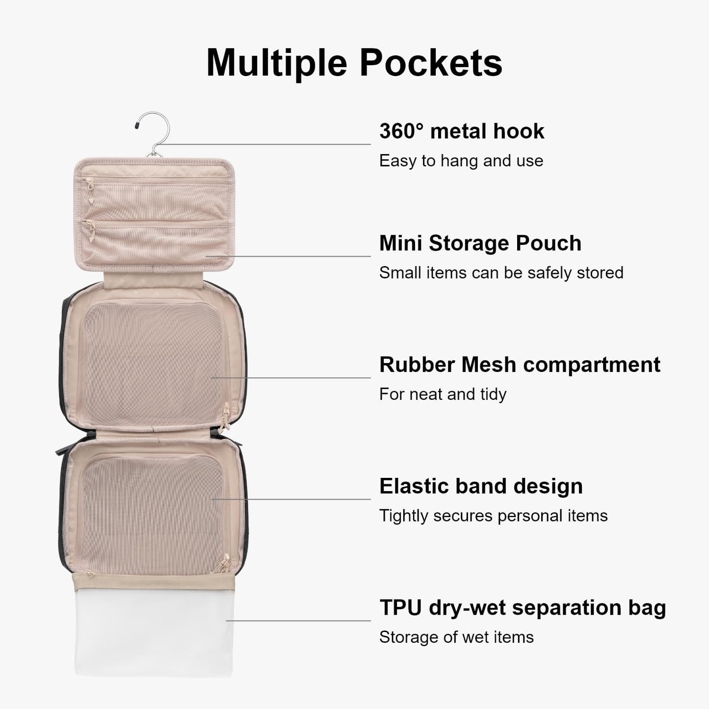 LEVEL8 Travel Toiletry Bag for Women Men, Travel Organizer Water Repellent, Makeup Organizer with Hang Hook for Travel Accessories, Large/Black