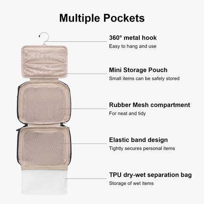 LEVEL8 Travel Toiletry Bag for Women Men, Travel Organizer Water Repellent, Makeup Organizer with Hang Hook for Travel Accessories, Large/Black