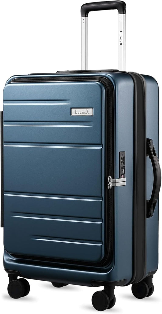 LUGGEX 24 Inch Luggage with Spinner Wheels, Expandable PC Hard Shell Checked Suitcase with Front Opening, Lightweight (Blue, 24 Inch)