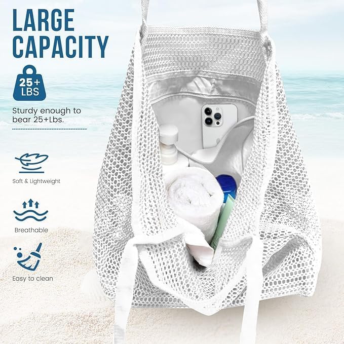 Beach Bags for Women, Foldable Mesh Tote Bag with Mini Pocke, Womens Shoulder Handbag for Travel Beach, White, Large, White