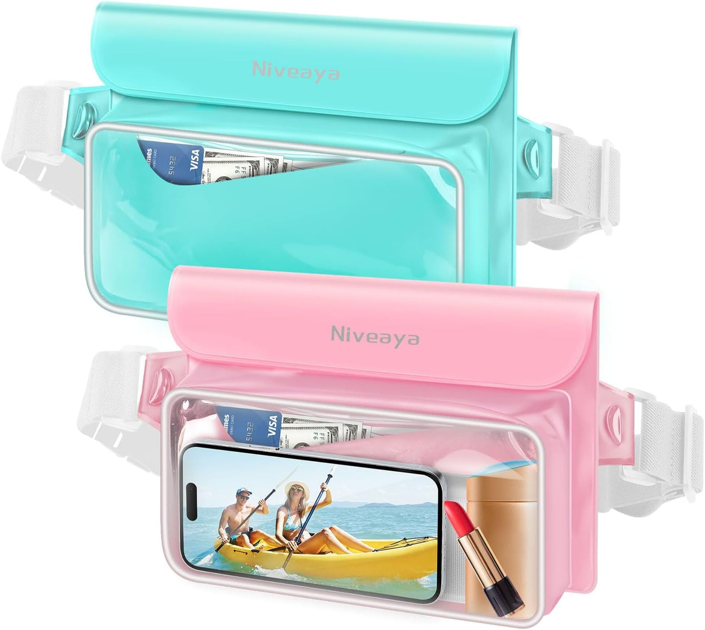 Niveaya IP68 Waterproof Fanny Pack - 2 Pack, Floating Dry Bag Pouch, Phone Waterproof Waist Pouch Dry Bag, Beach, Kayaking, Swimming, Boat Essentials, for iPhone 16/15/14/13/12 Pro Max up to 9.5"