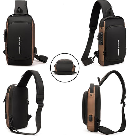 Sling Bag for Men Anti-theft USB Crossbody Shoulder Backpack Purse Waterproof PU Leather Chest Bag Travel Daily Use