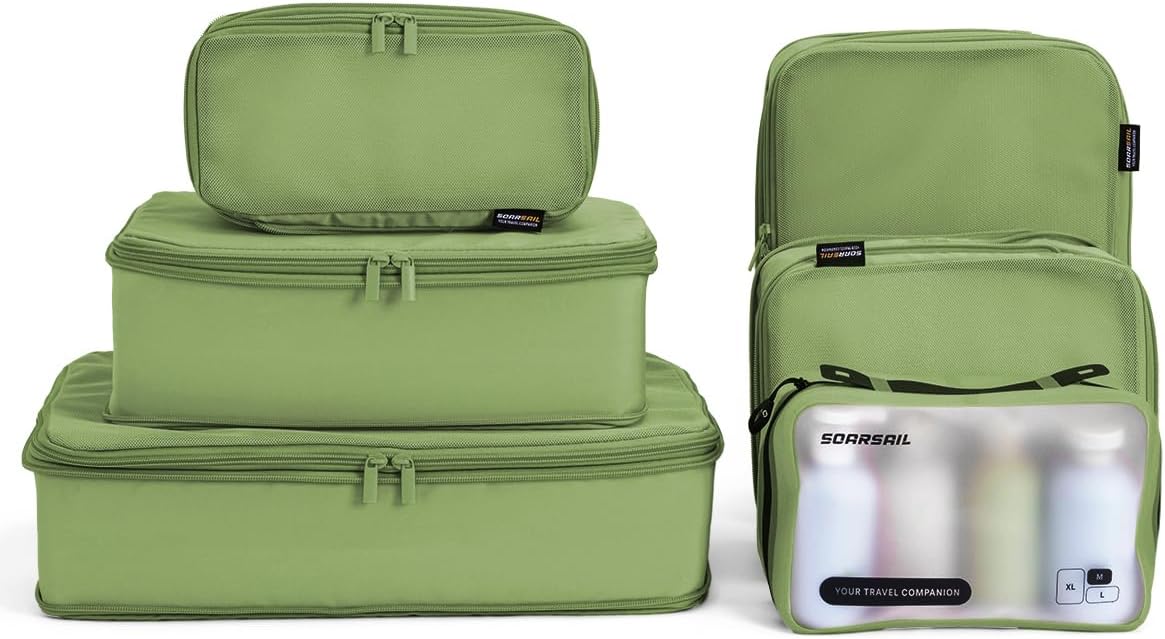 6 Set Compression Packing Cubes for Travel, Large Medium Small Luggage Organizers, Storage Bags for Clothes (6 Pack, Forest Green)