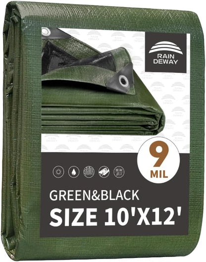 10x12 Feet Tarp Waterproof,9Mil Thick,Finished Size Tarps,UV Resistant,Durable,Multipurpose Poly Tarp Cover with Metal Grommets and Reinforced Edges,Green/Black by RAINDEWAY