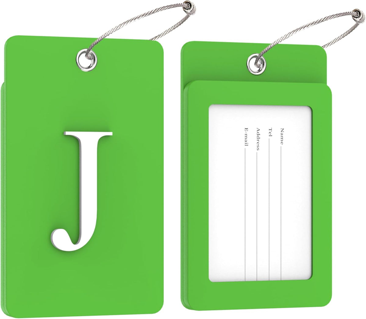 Gostwo 2 Pack Luggage Tags for Suitcases, 26 Initial Letter Travel Luggage Baggage Identification Labels ID Tag Fully Bendable Tags with Stainless Steel Loop (Green) (Letter J)