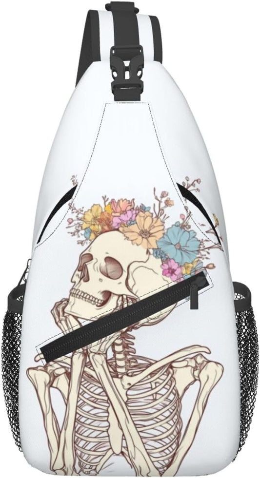 SUPLUCHOM Sling Bag Skeleton Flower Skull Hiking Daypack Crossbody Shoulder Backpack Travel Chest Pack for Men Women