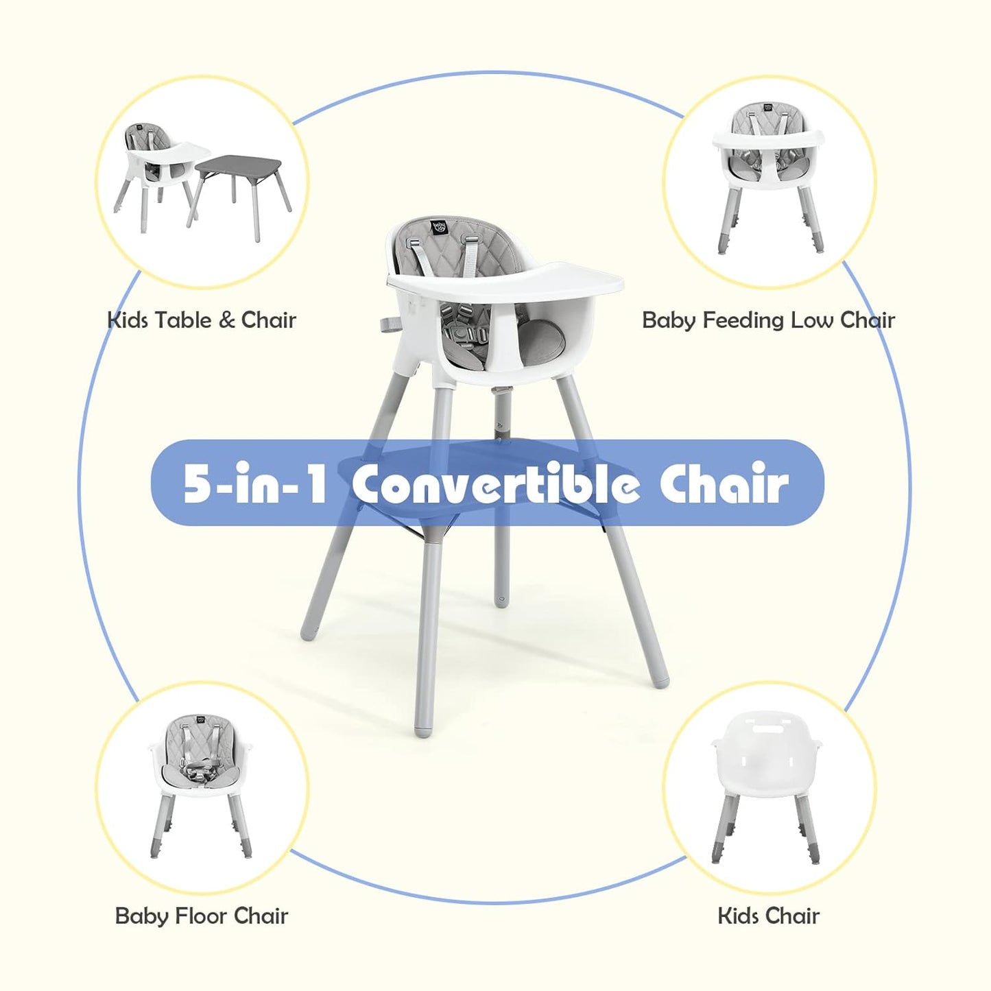 HONEY JOY 5-in-1 High Chair, Convertible Highchair for Babies and Toddlers/Kids Chair Table Set/Infant Feeding Chair w/Safety Harness, PU Leather Cushion & Removable Food Tray (Gray)