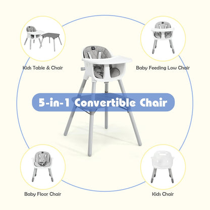 HONEY JOY 5-in-1 High Chair, Convertible Highchair for Babies and Toddlers/Kids Chair Table Set/Infant Feeding Chair w/Safety Harness, PU Leather Cushion & Removable Food Tray (Gray)