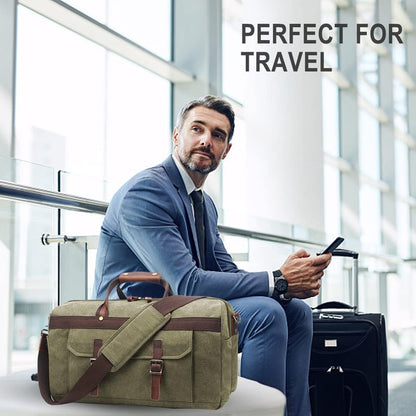 Duffle Bag for Men Waterproof Genuine Leather Canvas Travel Duffel Bags for Women Overnight Weekender Bag for Traveling