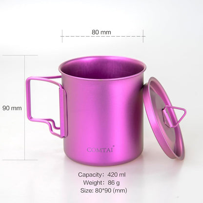 Titanium Camping Pot Mug 15oz (420ml) with Lid and Foldable Handle – Ultralight Camping Cup for Hiking, Backpacking, Outdoor Cooking, Purple