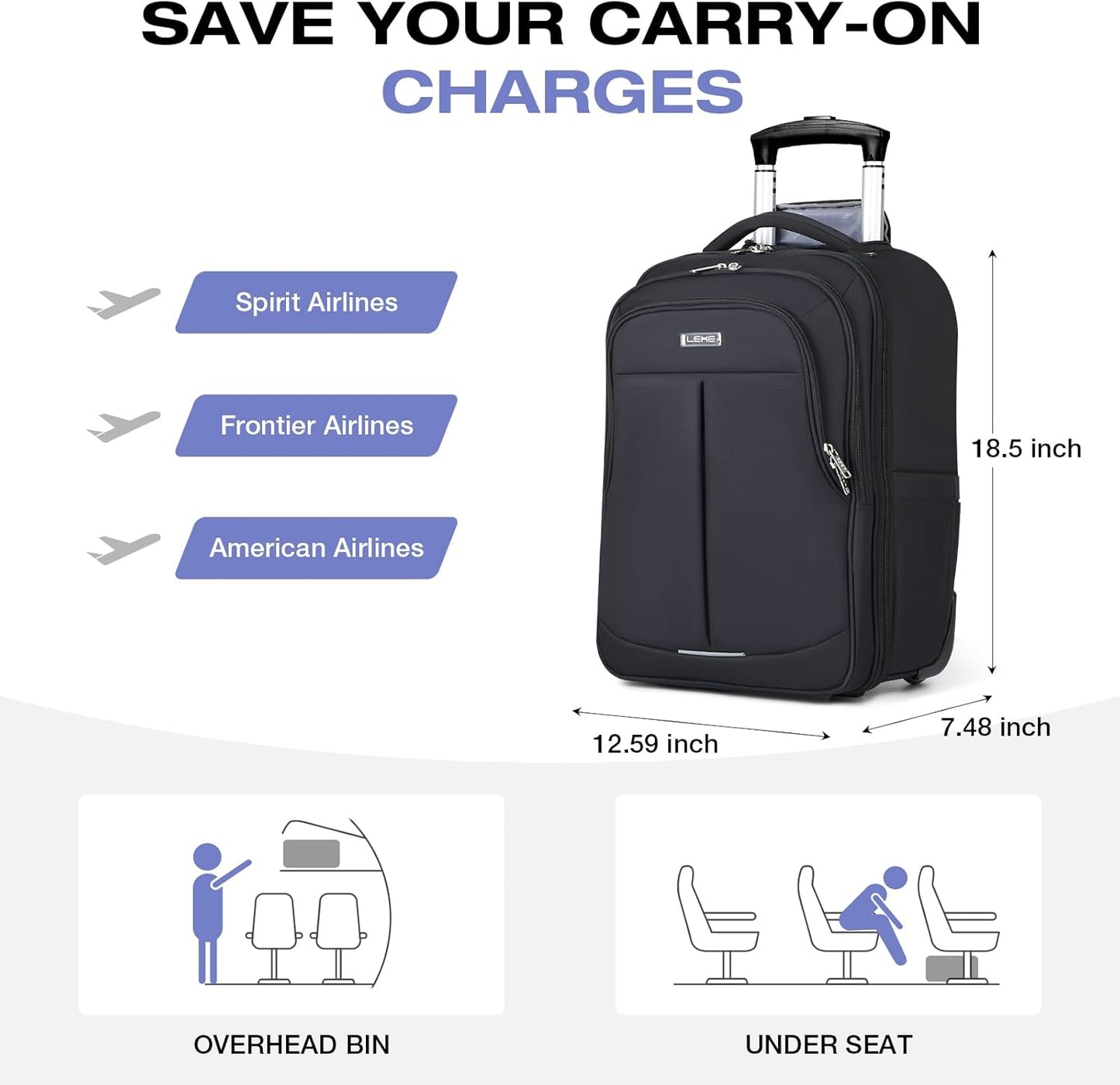 Rolling Backpack for Adults,17 Inch Waterproof Underseat Carry On Luggage, Wheeled Carry-on Luggage, Travel Backpack for Men Women， Trolley Laptop， Black Medium