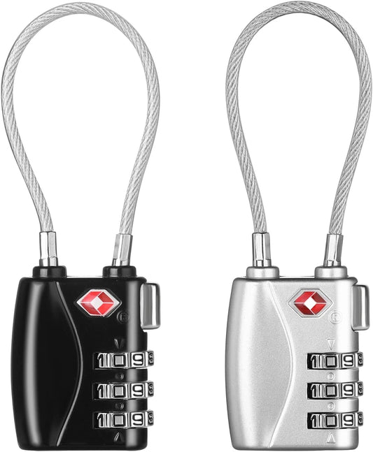 ZHEGE TSA Wire Lock 2 Pack Cable Luggage Lock with Alloy Body for Suitcase, Baggage, Backpack, Pistol Case (Black & Silver)