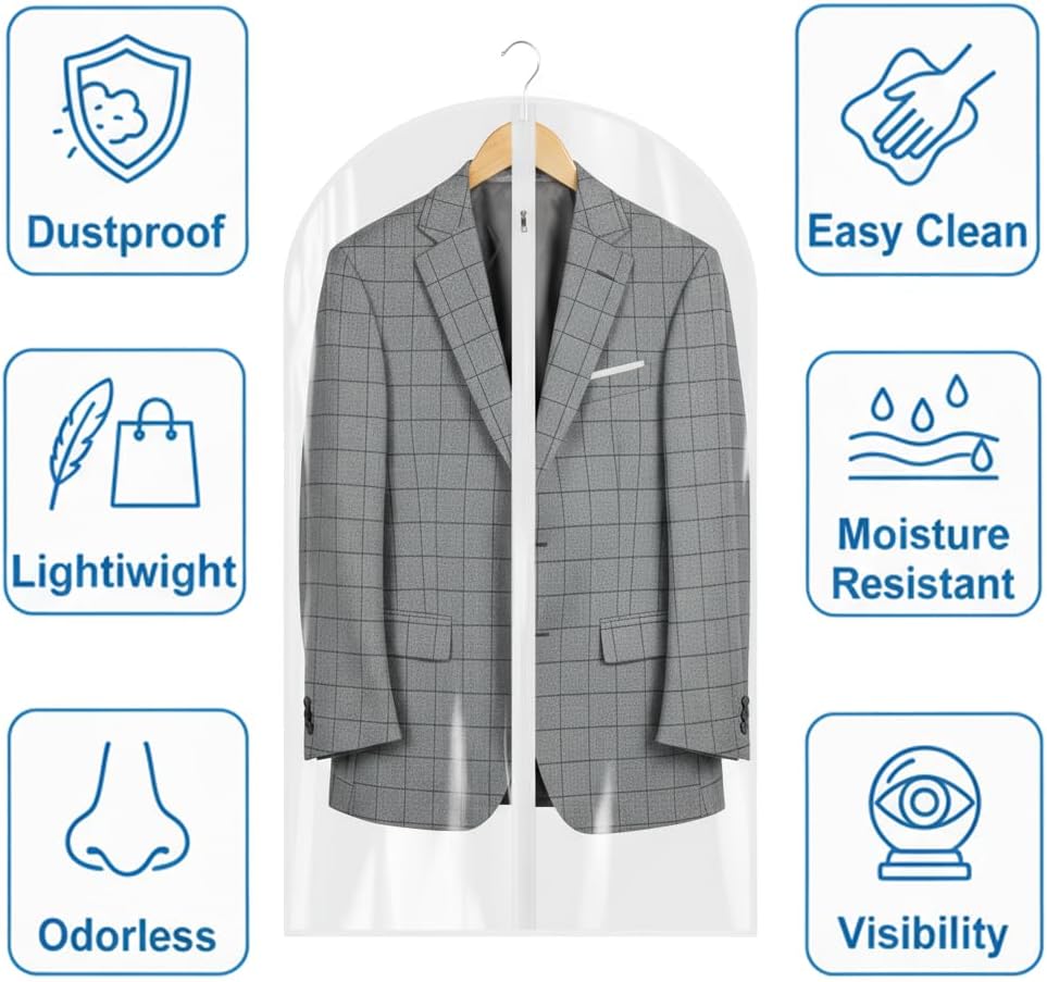 All Clear Garment Bags for Travel - 32” PEVA Waterproof Suit Cover with Zipper for Hanging Clothes, Shirts, Sweaters - Durable Dresser for Closet Storage, Dustproof & Moisture Resistant - 32”/12 Pack