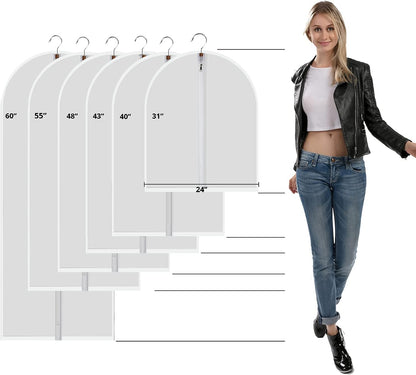 Plastic Garment Bags Clothing Storage Bags Hanging for Closet Storage Cloth Bags with Zipper for Suit,Dress, Coat Travel Closet Clear Garment Bags Dust Garment Cover-24"X31"/6 Pack