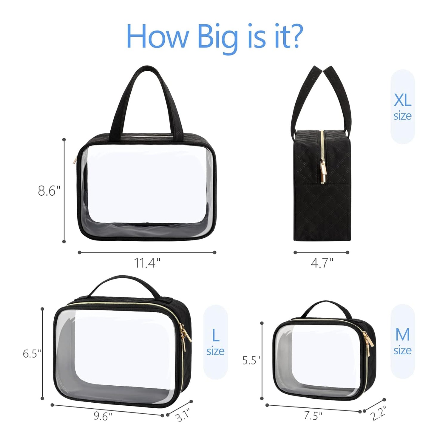 PACKISM Clear Toiletry Bags - 3 Pack Makeup Bags with Handle, Large Opening, Waterproof Cosmetic Bags Fit Carry-on Travel Essentials, Black