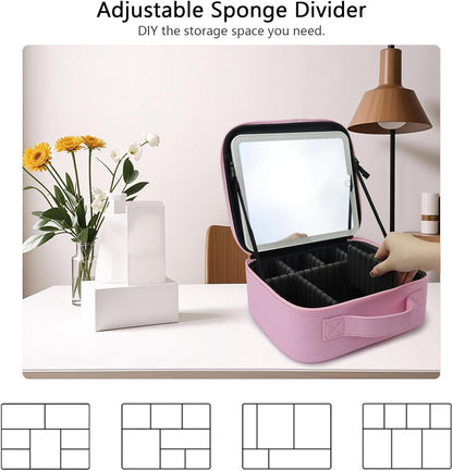 Travel Makeup Bag with LED Mirror Travel Makeup Organizer with 3 Lighted Settings, Adjustable Dividers and Makeup Brush Storage Bag Light Pink