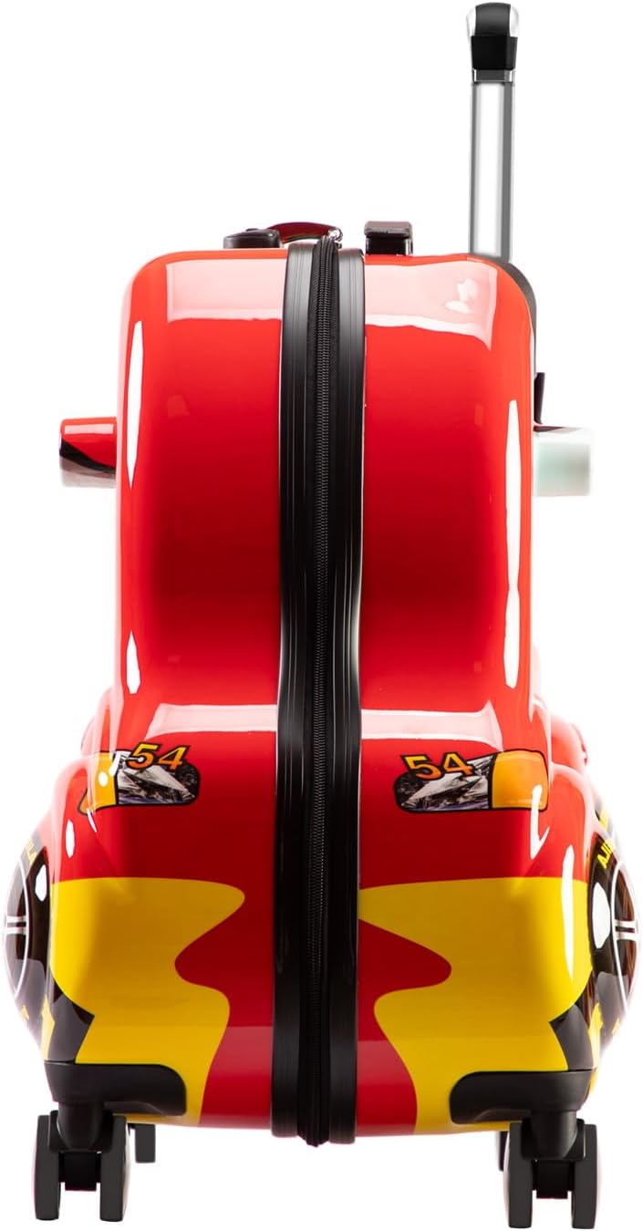 Kids Checked Ride on Luggage, 24 Inch Large Suitcase for Teens, Hardside Spinner Trunk with 360 Wheels, International Travel, Red car