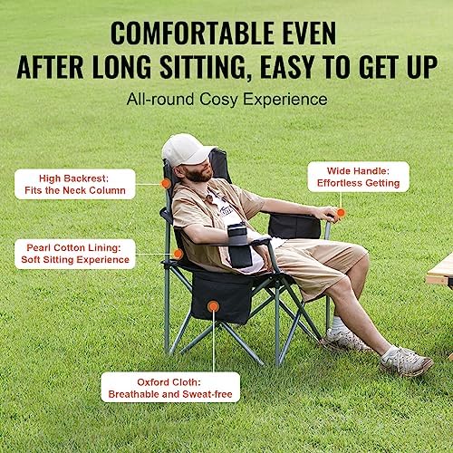 VEVOR Oversized Camping Folding Chair, Portable Heavy Duty Outdoor Quad Lumbar Back Padded with Side Pockets, Cup Holder and Cooler Bag for Beach, Lawn, Picnic, Fishing, Backpacking, Black