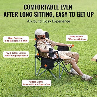 VEVOR Oversized Camping Folding Chair, Portable Heavy Duty Outdoor Quad Lumbar Back Padded with Side Pockets, Cup Holder and Cooler Bag for Beach, Lawn, Picnic, Fishing, Backpacking, Black