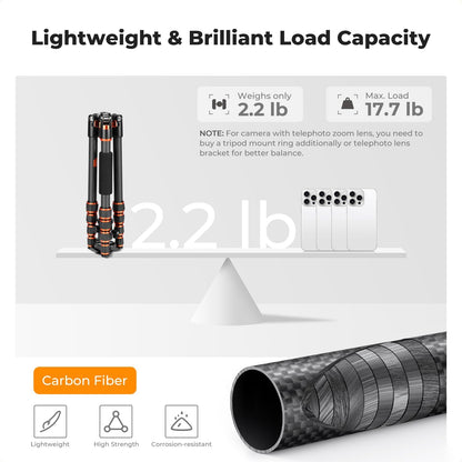 K&F Concept 60 inch Carbon Fiber Camera Tripod,Super Lightweight Compact Travel Tripod with 360 Degree Ball Head,Quick Release Plate, Detachable Monopod, 17 lb Load Capacity for SLR DSLR, A225C0+BH25L