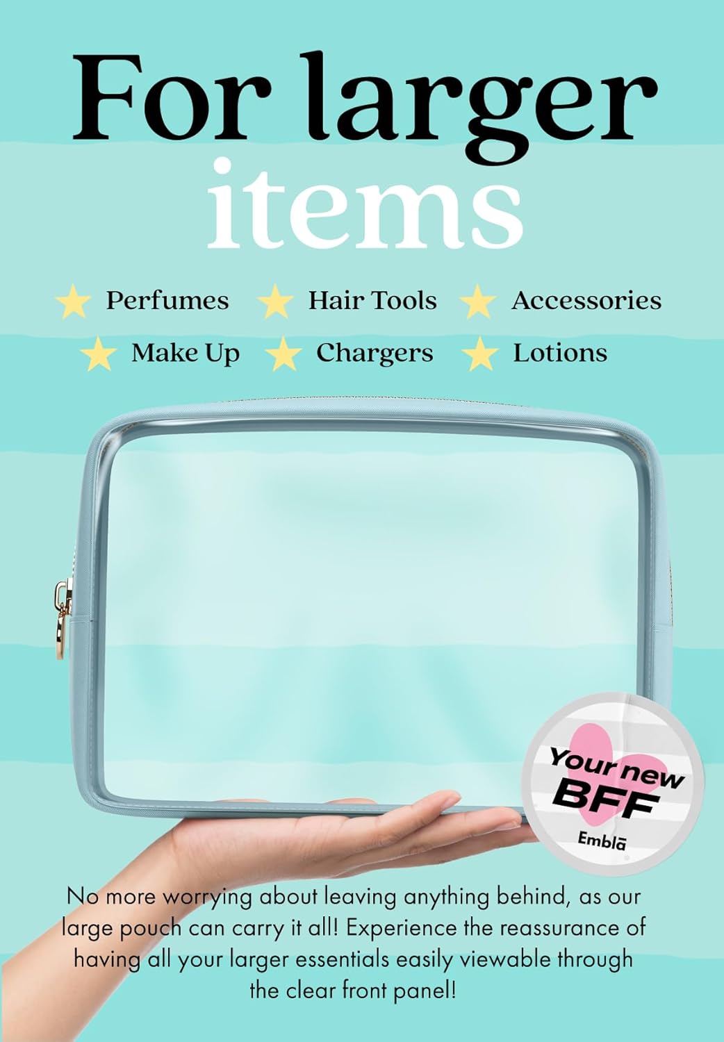 Clear Makeup Bag Zipper Pouch, Transparent Cosmetic Case Organizer, TSA Approved Travel Toiletry Case, Travel Accessories Essentials Makeup Tote for Women, Large Cute Make up Bag for Purse - Sky