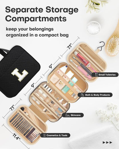 HOTOR Travel Toiletry Bag - Personalized Chenille Initial Makeup Bag, Water-Resistant Personalized Gifts for Women, Portable Travel Accessories & Essentials, Letter L, Black, 11.4"×9.0"×3.35"