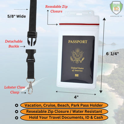 5 Pack - Passport & Vaccination Card Holder - Heavy Duty Waterproof Tear Resistant Sleeve with Zip Top & Premium Breakaway Lanyard - 4X6 Insert for Cruise, Travel, & Beach Vacation Documents