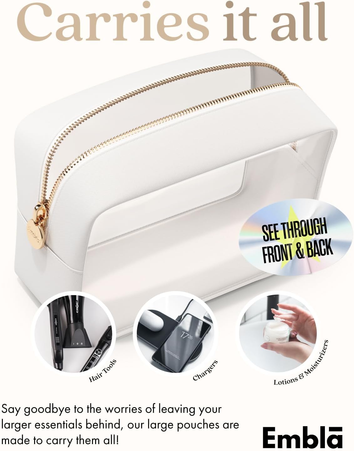 Clear Makeup Bag Zipper Pouch, Transparent Cosmetic Case Organizer, TSA Approved Travel Toiletry Case, Travel Accessories Essentials Makeup Tote for Women, Large Cute Make up Bag for Purse - White