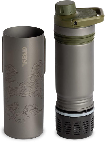 GRAYL UltraPress Titanium 16.9 oz Water Purifier & Filter Bottle for Hiking, Backpacking, Survival, Bushcraft, Travel (Olive Drab)